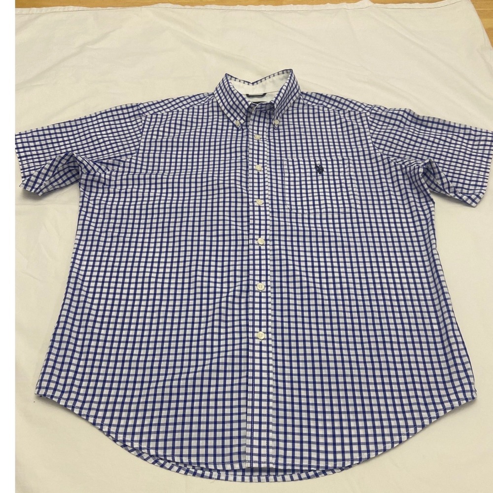 US Polo Assn Mens Gingham Short Sleeve Button Down Shirt Size L Blue White